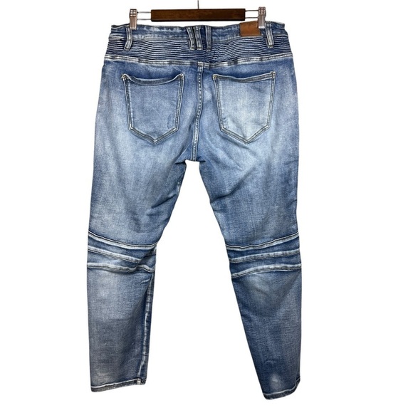 Crysp Denim Jeans Mens 36 Medium Wash Skinny Fit Distressed Patched Zippers - Picture 2 of 15